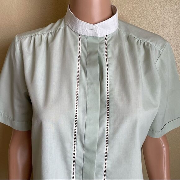 🖤 Vintage High Collar Short Sleeve Button Up Bed Jacket Mint Green Women’s Med - Picture 6 of 10